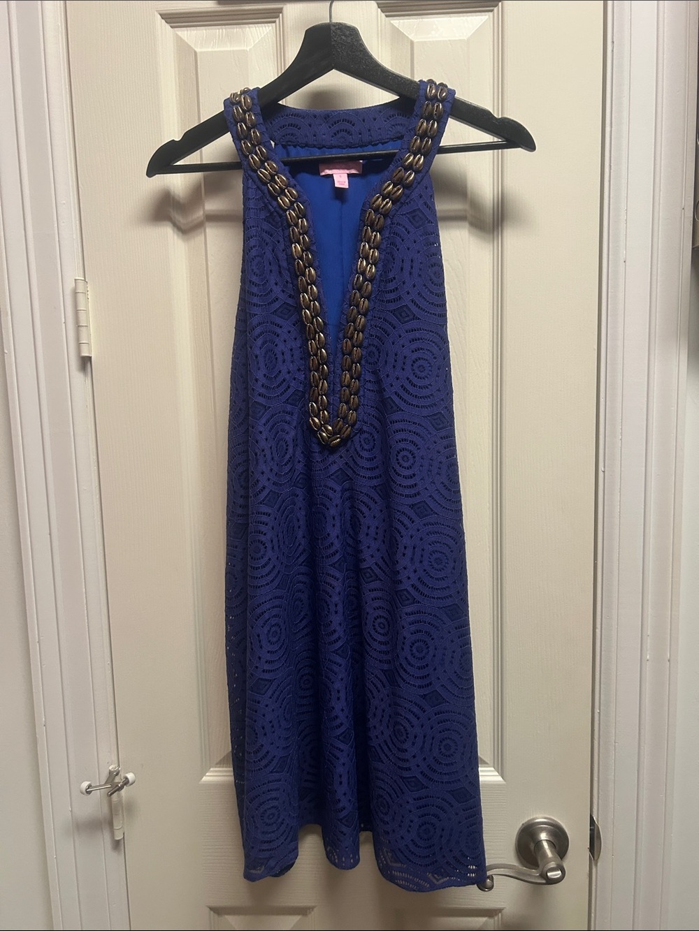 Lilly Pulitzer Royal Blue Lace Dress with Gold Beaded Neckline